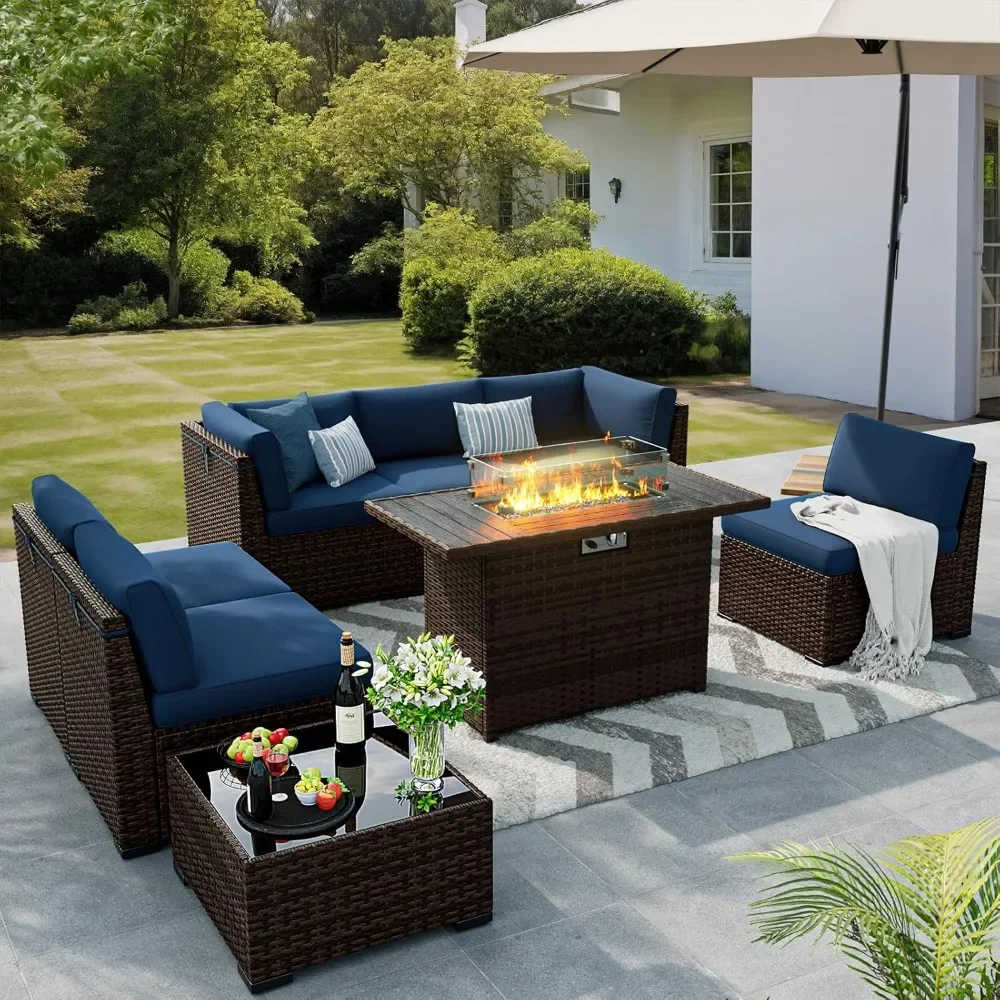 

8 Pieces Outdoor Patio Furniture Set with 44" Fire Pit Table Rattan Sectional Conversation Sets w/Gas Fire Pit, Coffee Table