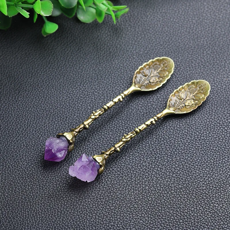 Crystal Head Spoon Dining Bar Vintage Royal Style Spoons Alloy Carved Leaf Mini Coffee Spoon Dessert Tea Home Decor Amethyst