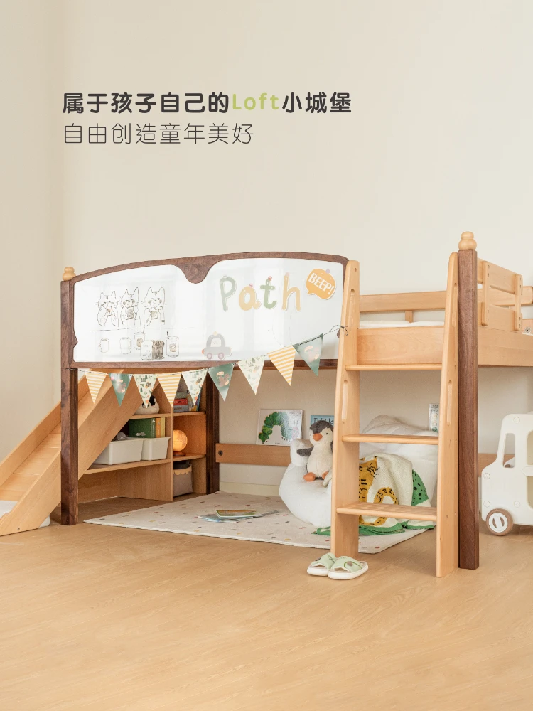 Children's Semi-High Bed Full Solid Wood with Slide Study Table Wardrobe Multi-Functional Guardrail Boys and Girls Bed 1