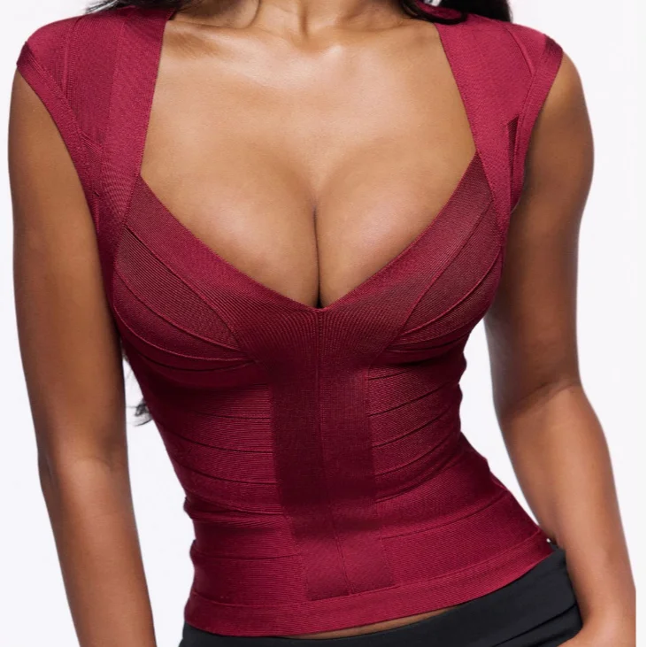 Débardeur moulant à col en V profond pour femme, style bandage, couleur unie, élastique, printemps-é