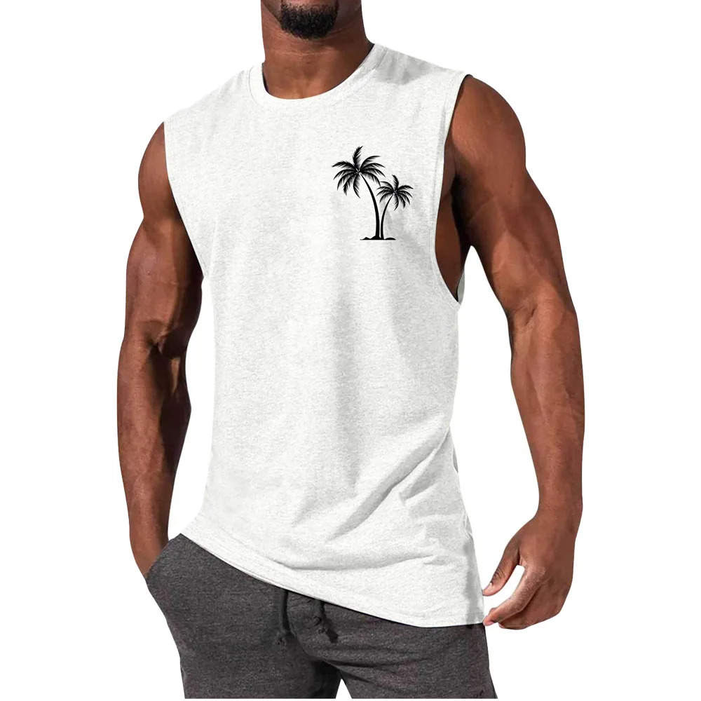 2025 New Men's Vest Muscle Men's Sports Casual Vest Coconut Tree Print Men's Top T-Shirt
