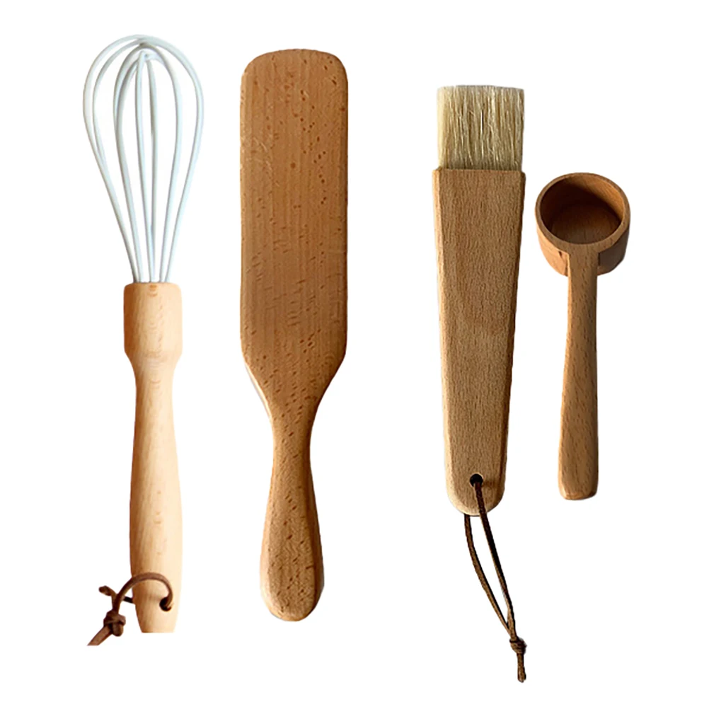 

4 Pcs Kitchen Utensil Set Wooden Spoon Measuring Spoon Egg Beater Oil Brush Cooking Tools Easy Storage Practical
