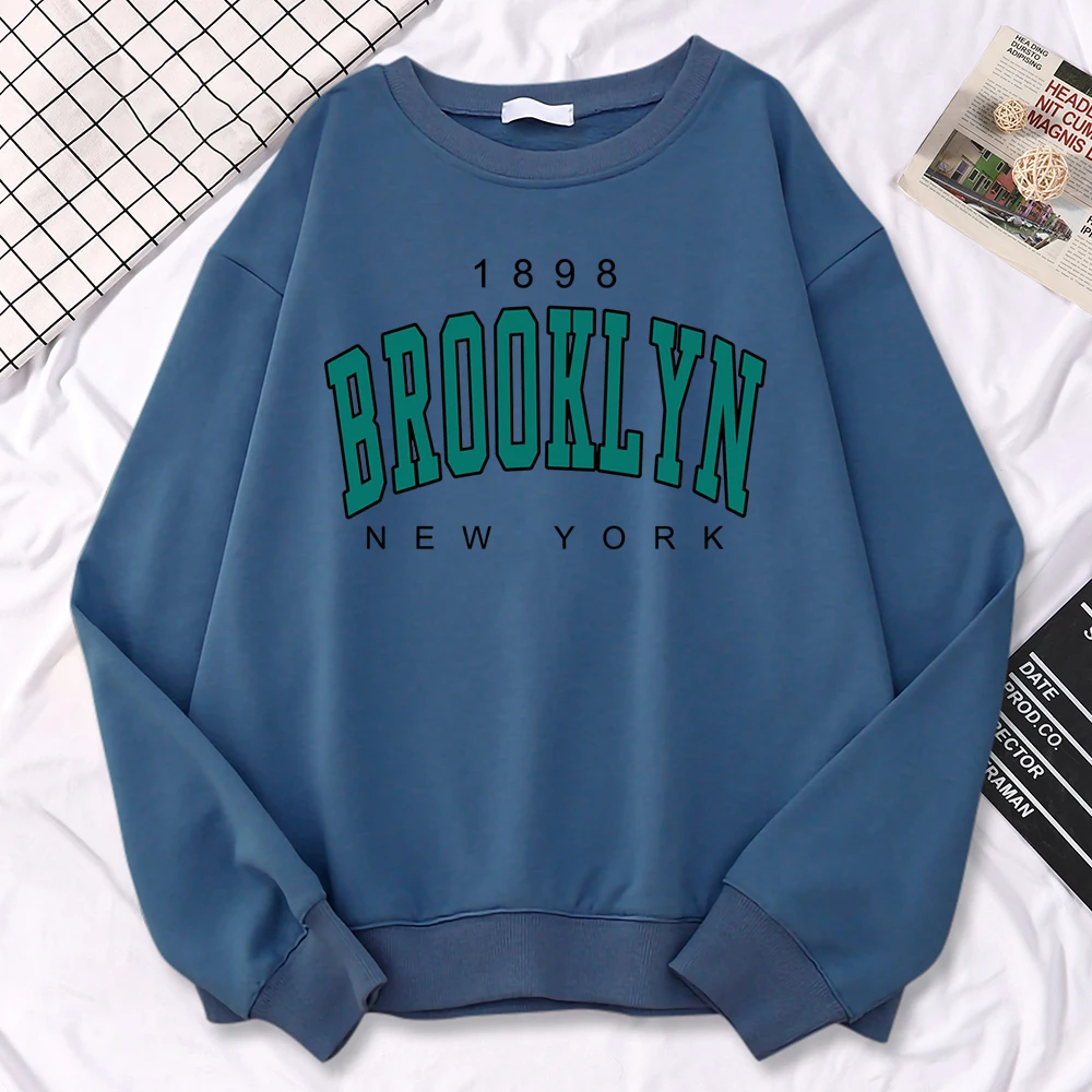 Autumn Kawaii Womens Sweatshirts 1898 Brooklyn New York Print Hoodies Crewneck Fleece Pullovers Loose Warm Female Streetwear