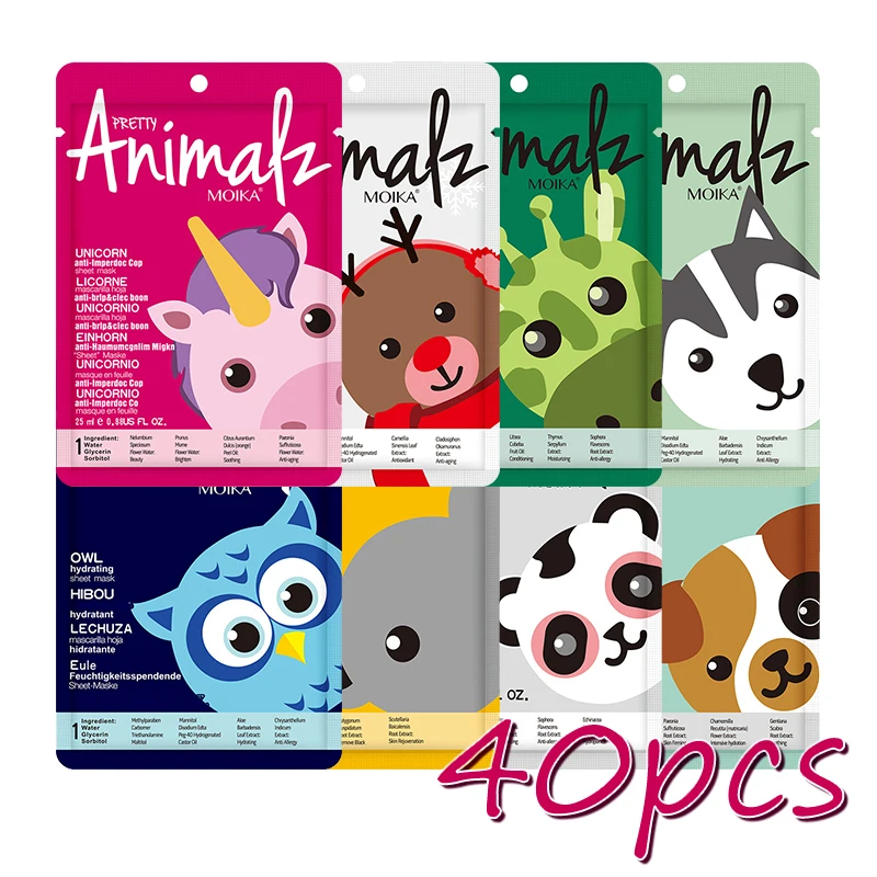 40 Pcs Animal Moisturizing Face Mask Anti-Wrinkle Anti-Aging Facial Mask Collagen Hyaluronic Acid Sheet Mask Skin Care Face Care