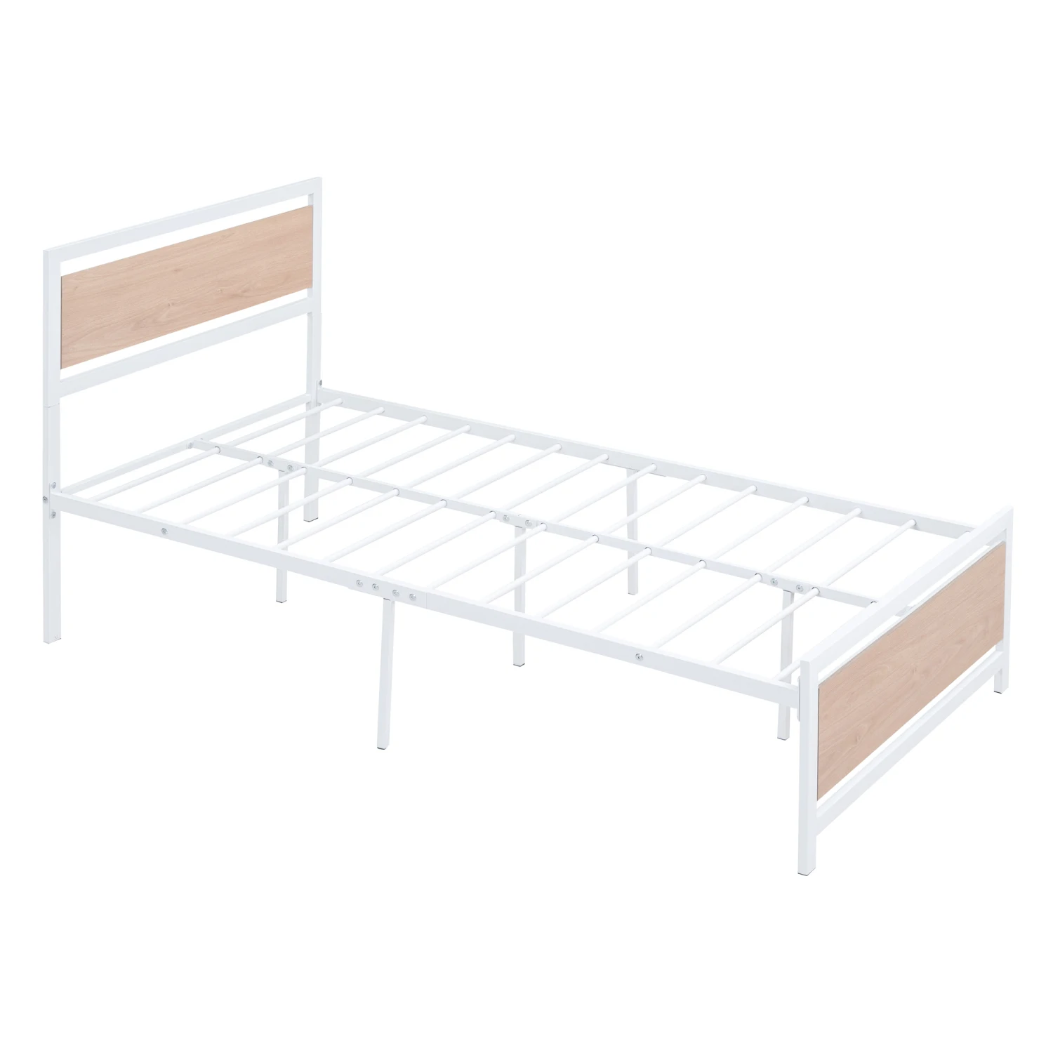 Twin Size Platform Bed, Metal and Wood Bed Frame with Headboard and Footboard , White