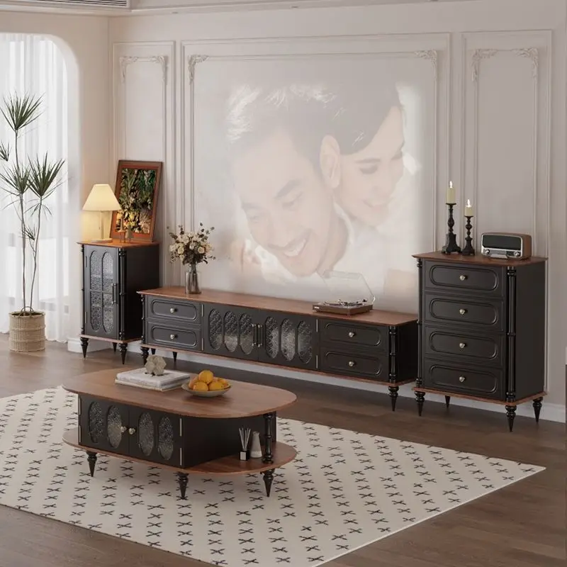 

French medieval solid wood TV cabinet American living room coffee table small apartment combination household floor storage