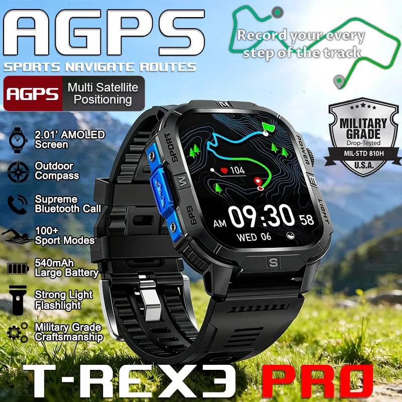 

T-Rex3 Pro New Built in AGPS Compass Smart Watch 540mAh Battery 3ATM Waterproof Sports tracker Outdoors Military Smart Watches