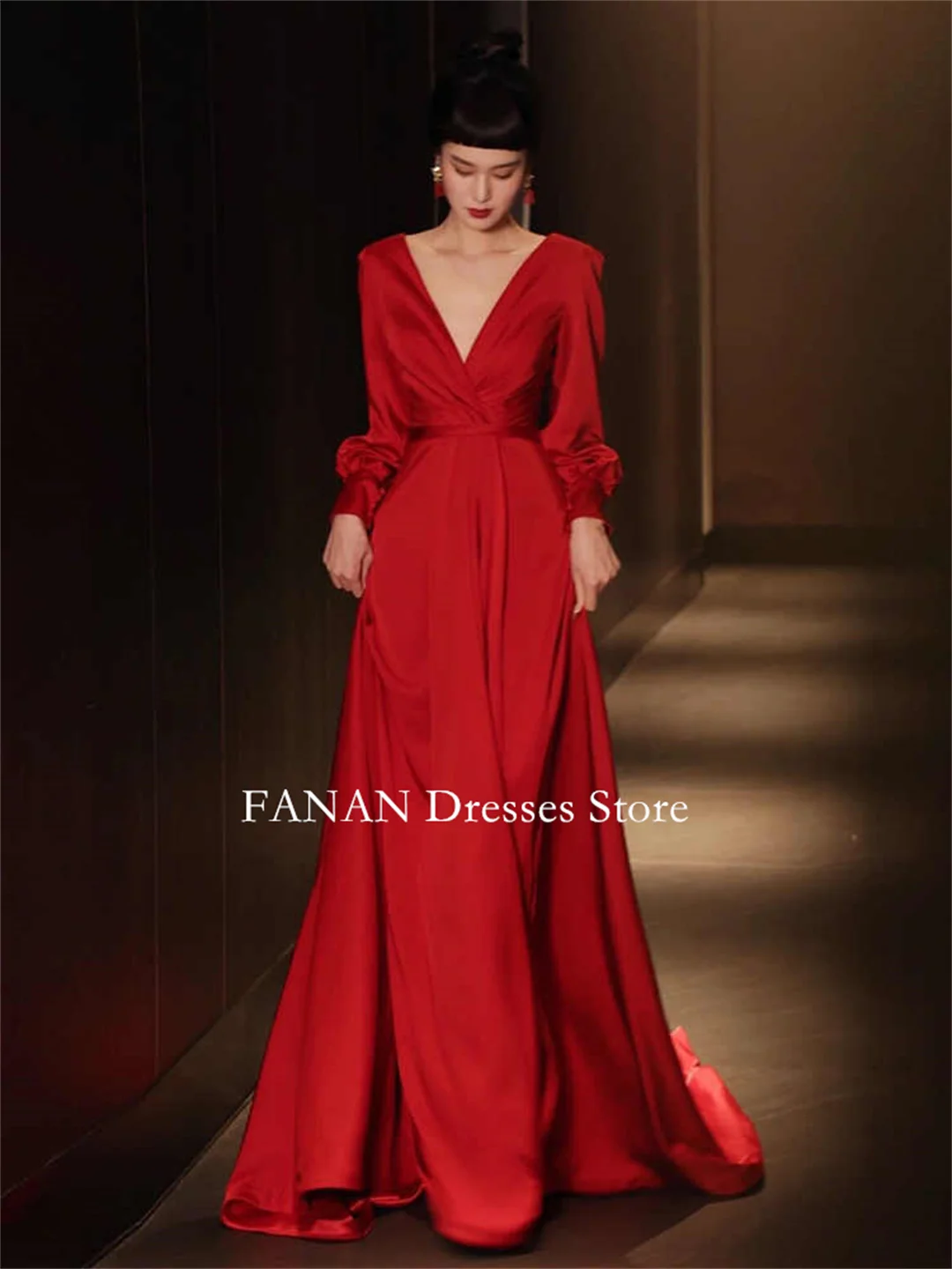 FANAN Customized Burgundy Evening Party Dresses V-Neck Korea A-Line Silk Satin Wedding Women  Gowns Event Prom Gowns Customized