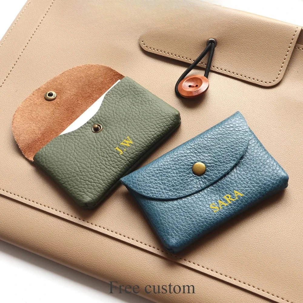 Personalize Genuine Leather Card Holder Simple Classic Soft Cowhide Coin Purse Engrave Letter Mini Envelope Business Card Sleeve