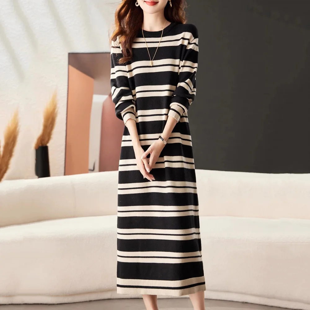 New Women Autumn Winter Loose Sweater Dress Fashion O-Neck Long Sleeve Knitted Striped Dress Casual Long Pullover Sweater