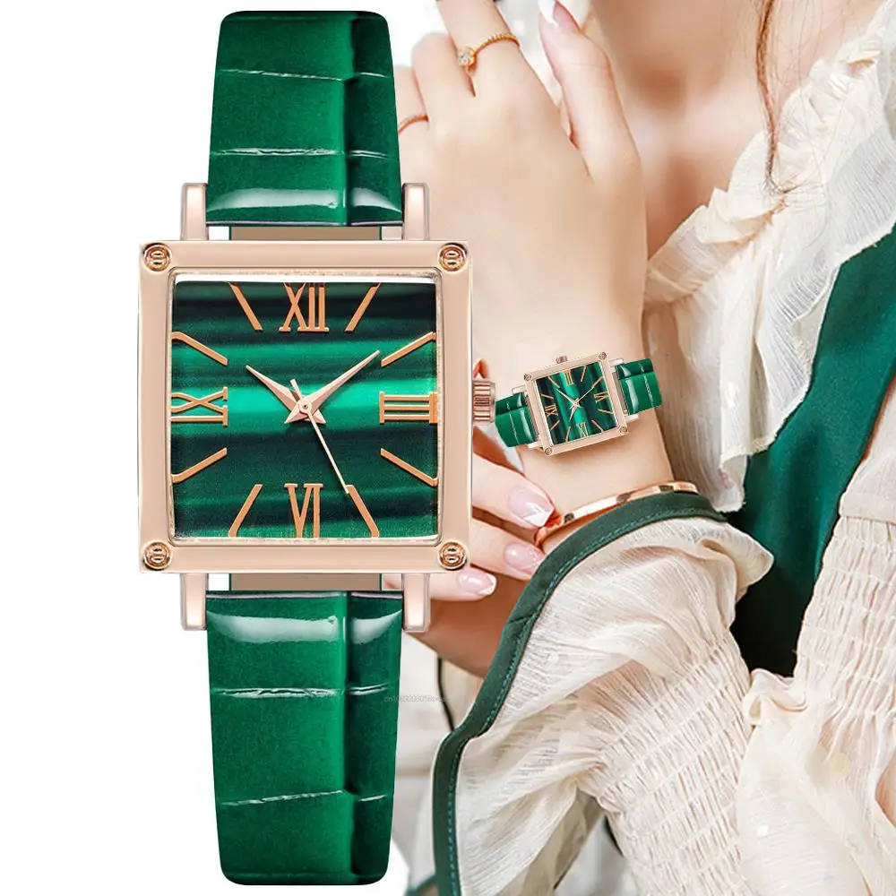 

Luxury Brand Women's Watch Quartz Fashion Square Turquoise Rome Watch for Women Casual Simple Green Leather Strap Women's Clock