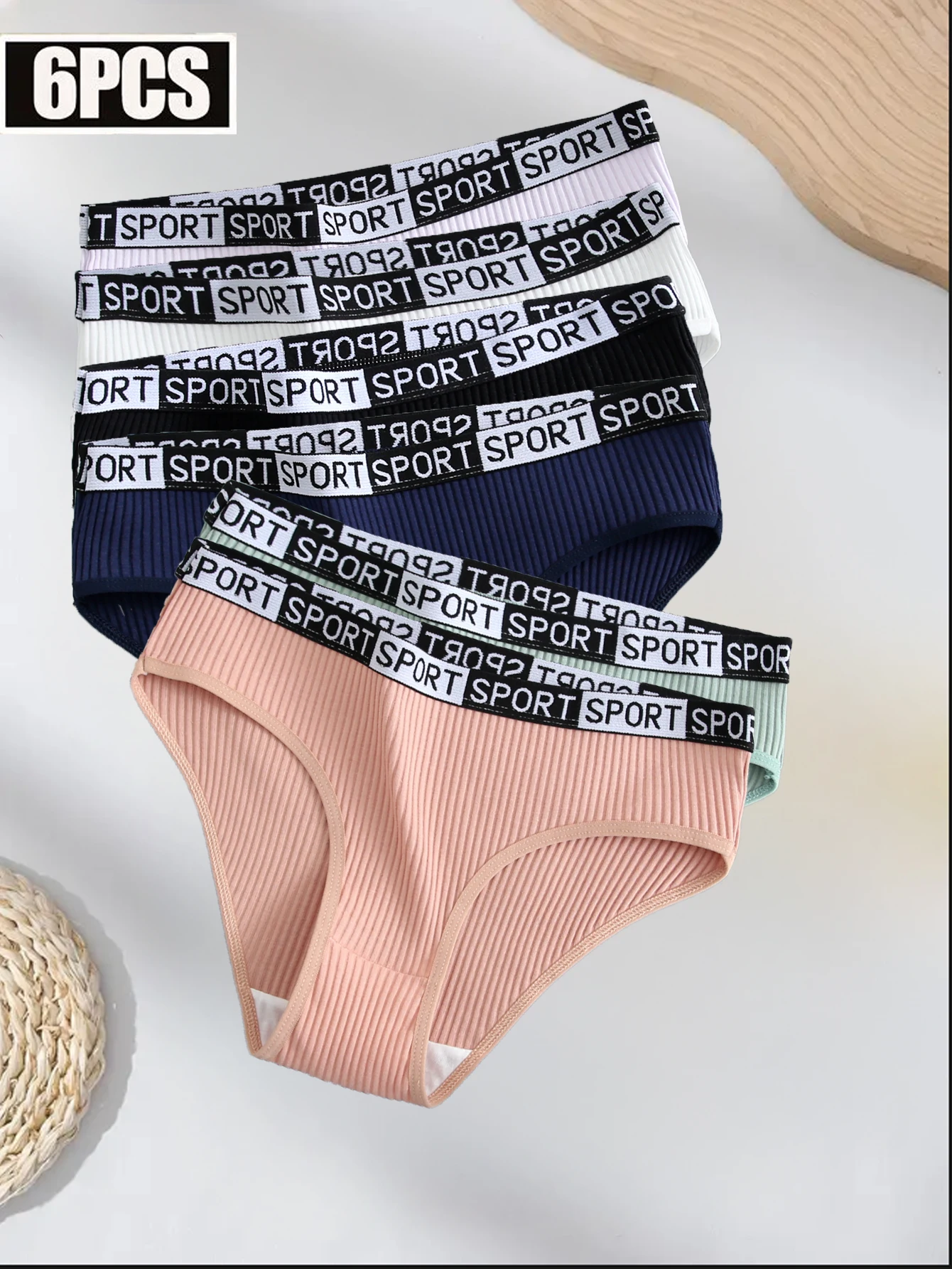 6pcs Women's Pantie sexy breathable threaded briefs letter belt low waist hip lift solid color underwear