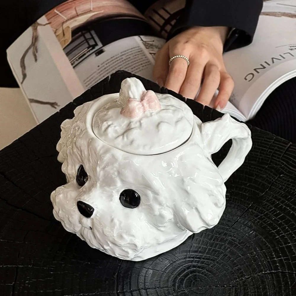 

3D Cute Cloud Puppy Ceramic Mug With Handle And Lid Cartoon Dog Shaped Procelain Coffee Cup 530ML