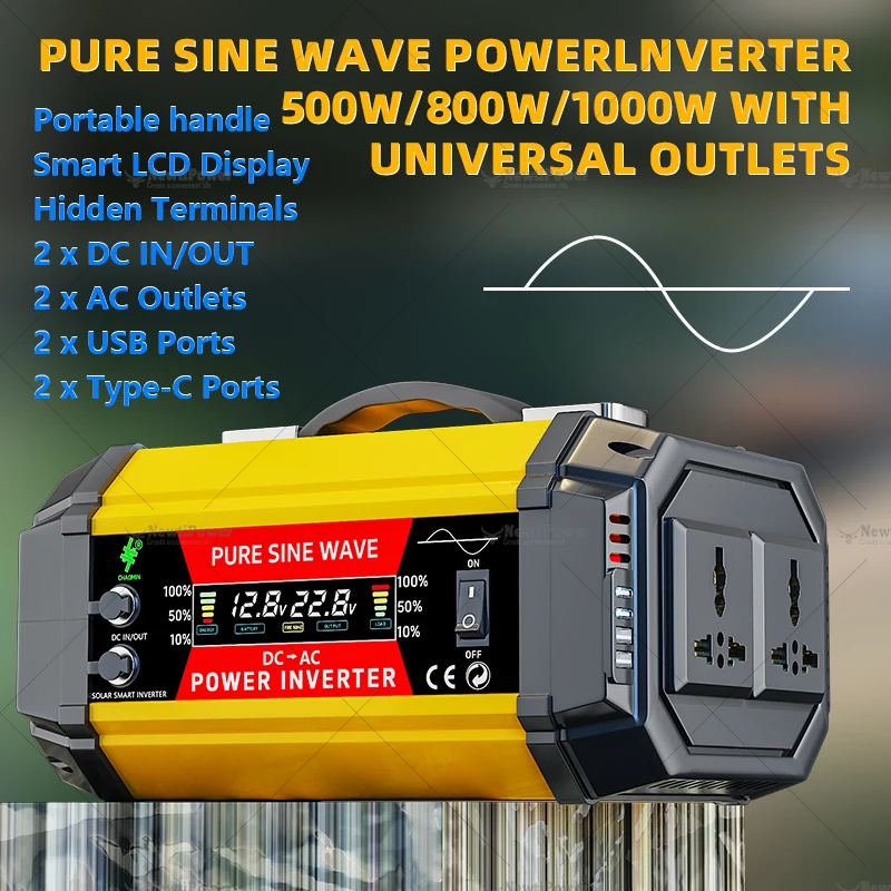 800W Pure Sine Wave Power Inverter DC12V to AC220V, Dual Universal AC Outlets LCD Display Converter with Battery Cables for RV