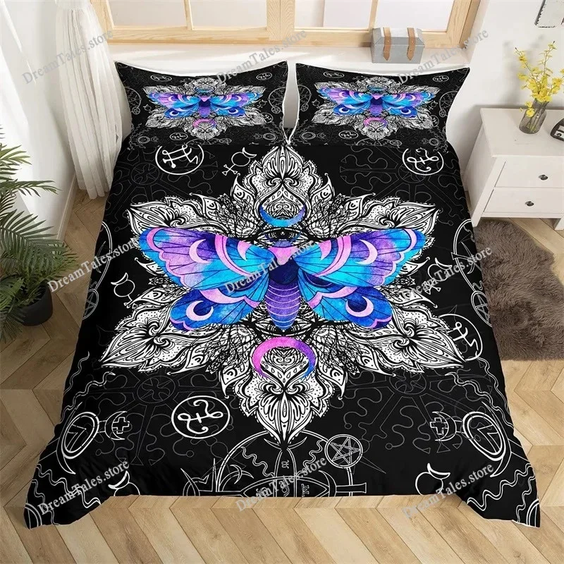 Butterfly and Death Moth Duvet Cover Queen Gothic Skull Flower Star Sky Moon Bedding Set Polyester Boho Exotic Black Quilt Cover