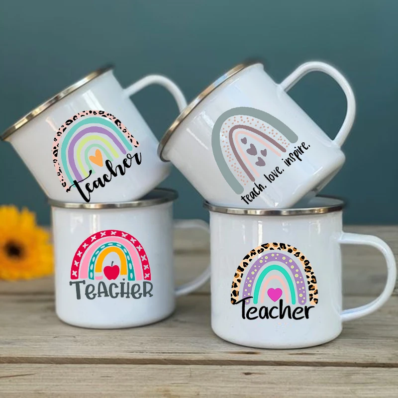 Rainbow Teacher Printed Enamel Mug Creative Retro Coffee Water Cups Drink Dessert Milk Cup Mugs Handle Drinkware Teacher Gifts