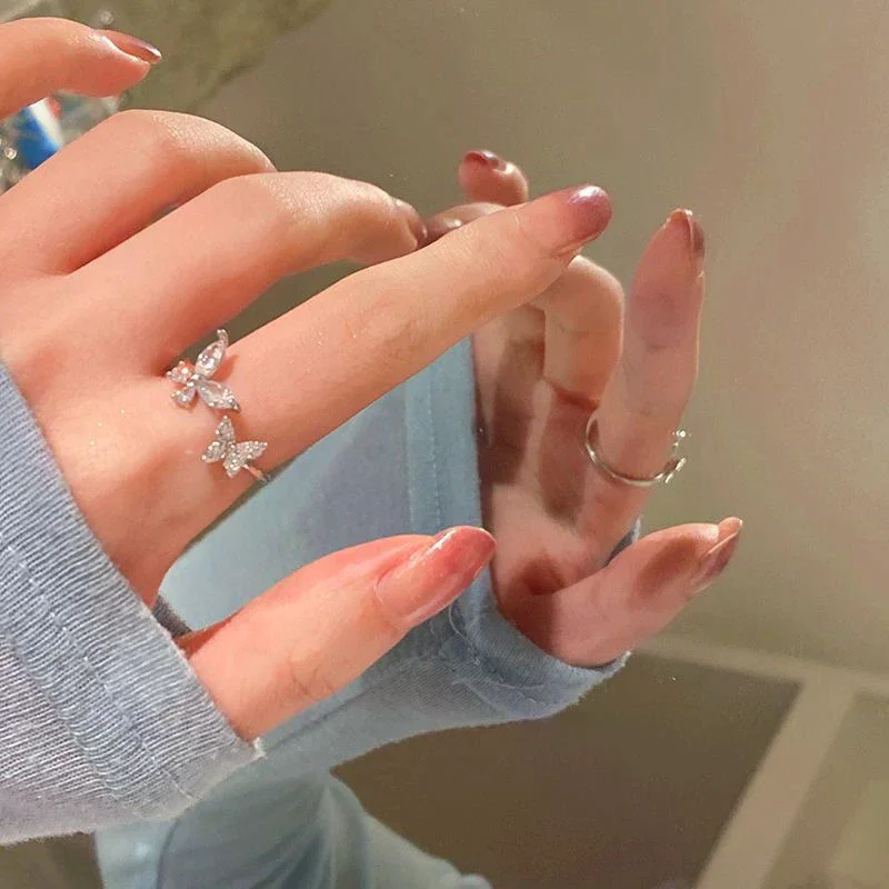 Opening Butterfly Ring Ornament Popular Light Luxury Style Double Zirconia Butterfly Ring Women Party Gifts Jewelry Accessories