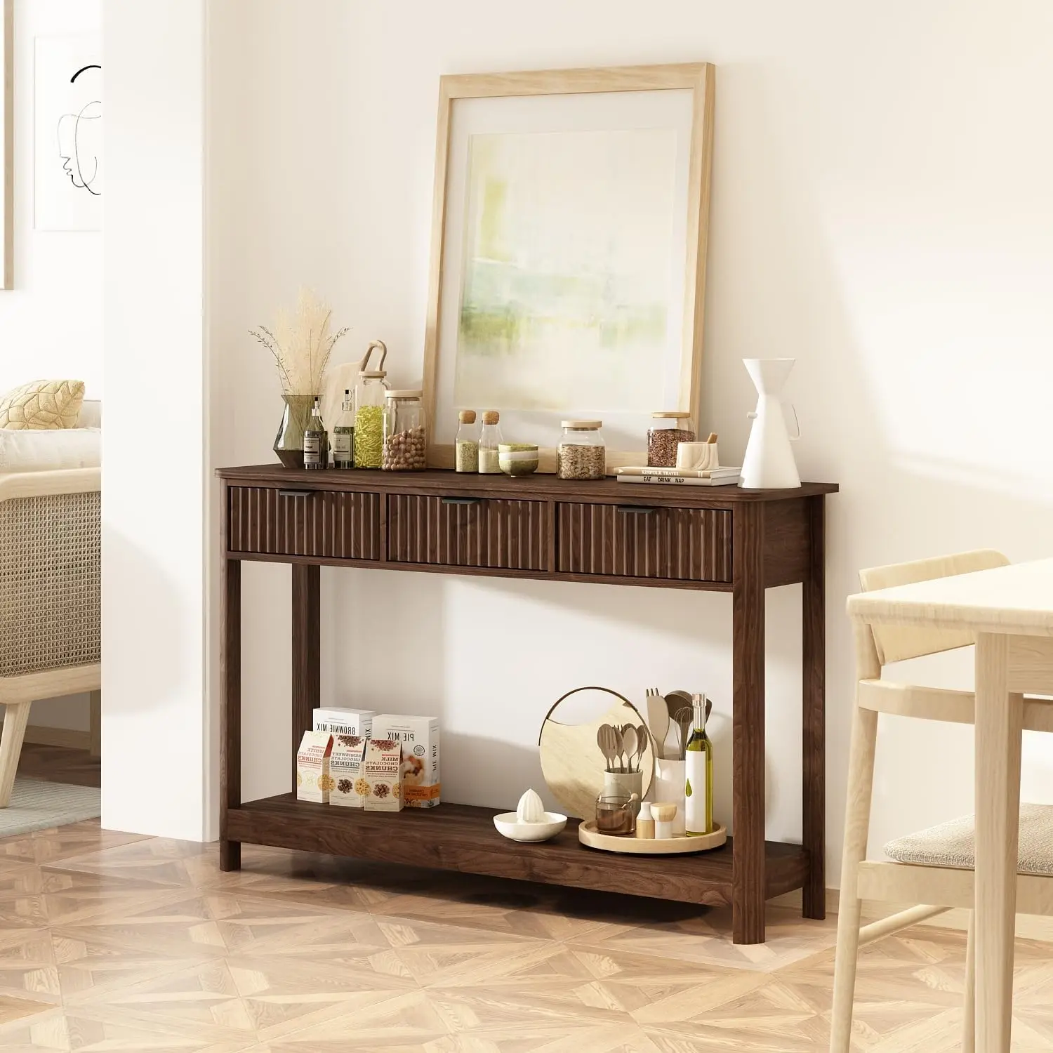 Fluted Wood Console Table with 3 Drawers, 47.2