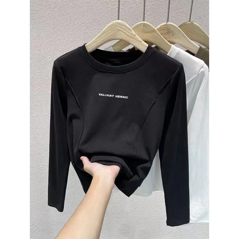 Camiseta ajustada de manga larga con forro polar para mujer, camisa de capa Base de estilo corto, ropa interior de moda, Top para la temporada de otoño