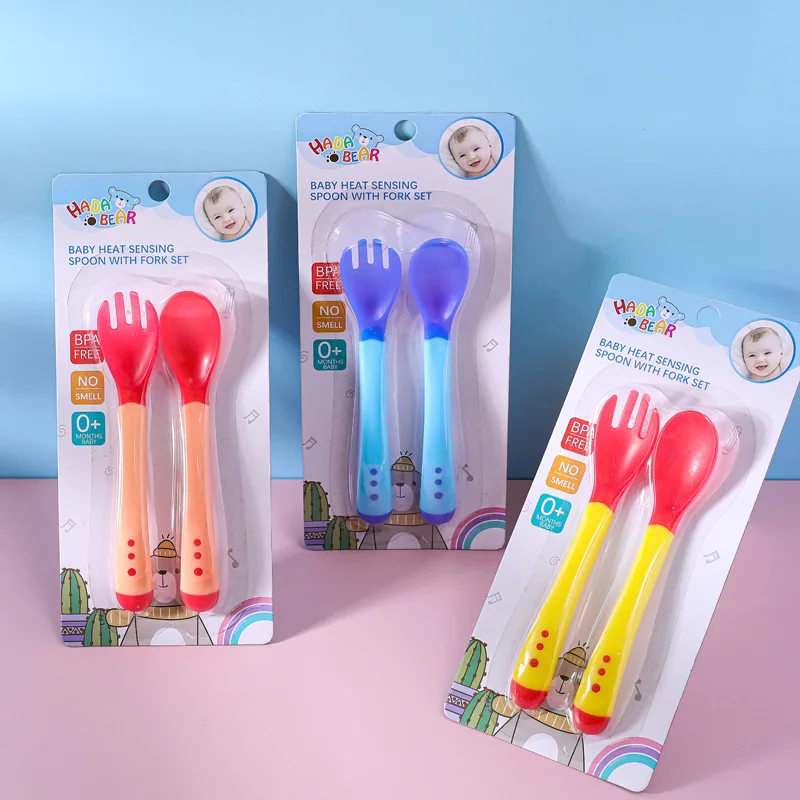 2PC Set Spoon and Fork Temperature induction spoon soft silicone Tableware Feeding Dishes Cheap Utensils Solid Feeding