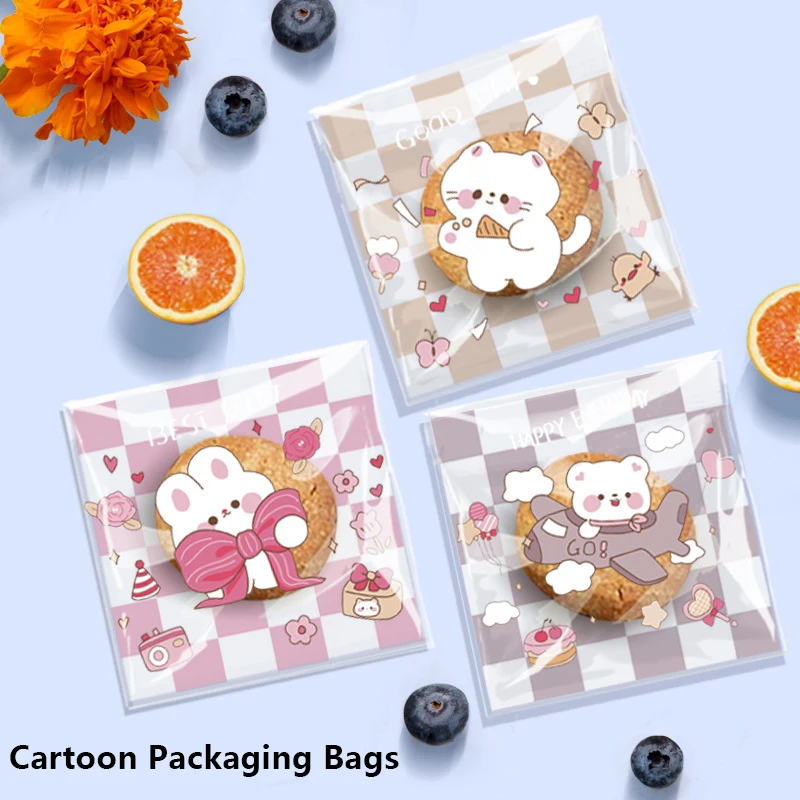 100pcs Cute Little Bear And Bunny Printed Self-sealing Bag Transparent Cute Little Cartoon Opp Bag Festival Gift Small Bags