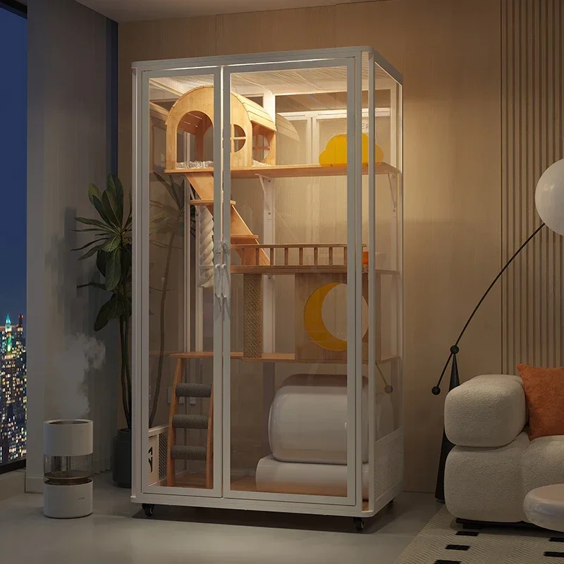 Factory Direct 2026 Solid wood luxury can be integrated with a smart cat toilet, and the cat cage has a large space and a panora