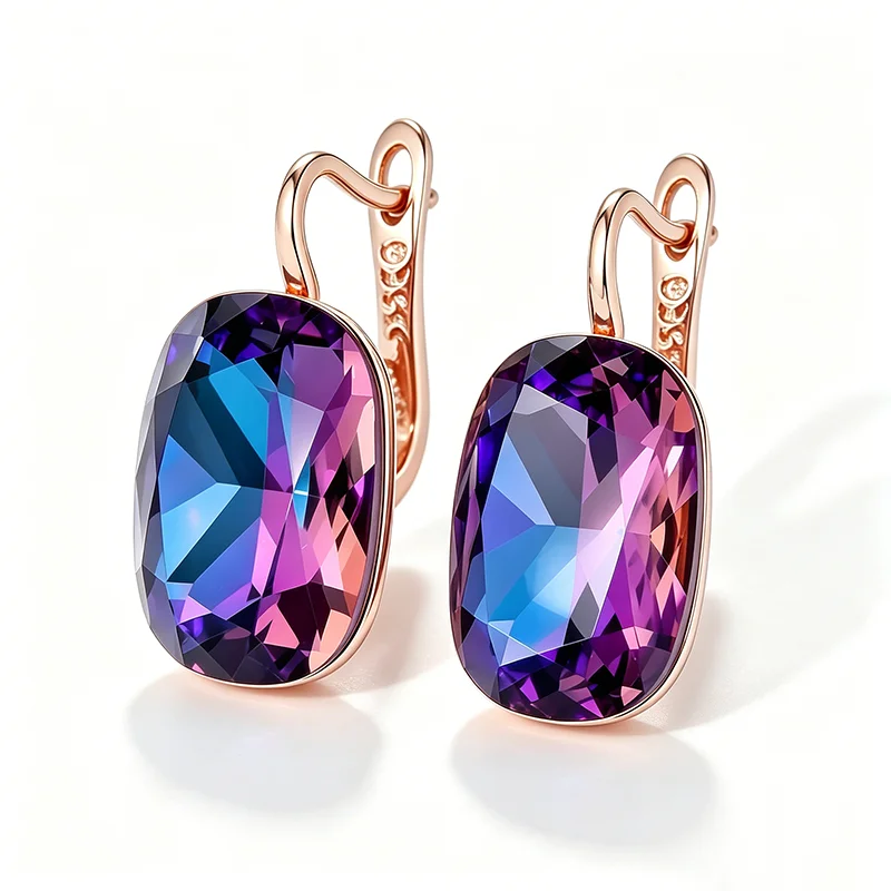 Wbmqda Einzigartige lila-blaue Farbverlaufs-Stein-Ohrhänger für Frauen, 585er Roségold, 25 x 13 mm, großer Zirkon, Schmuckzubehör