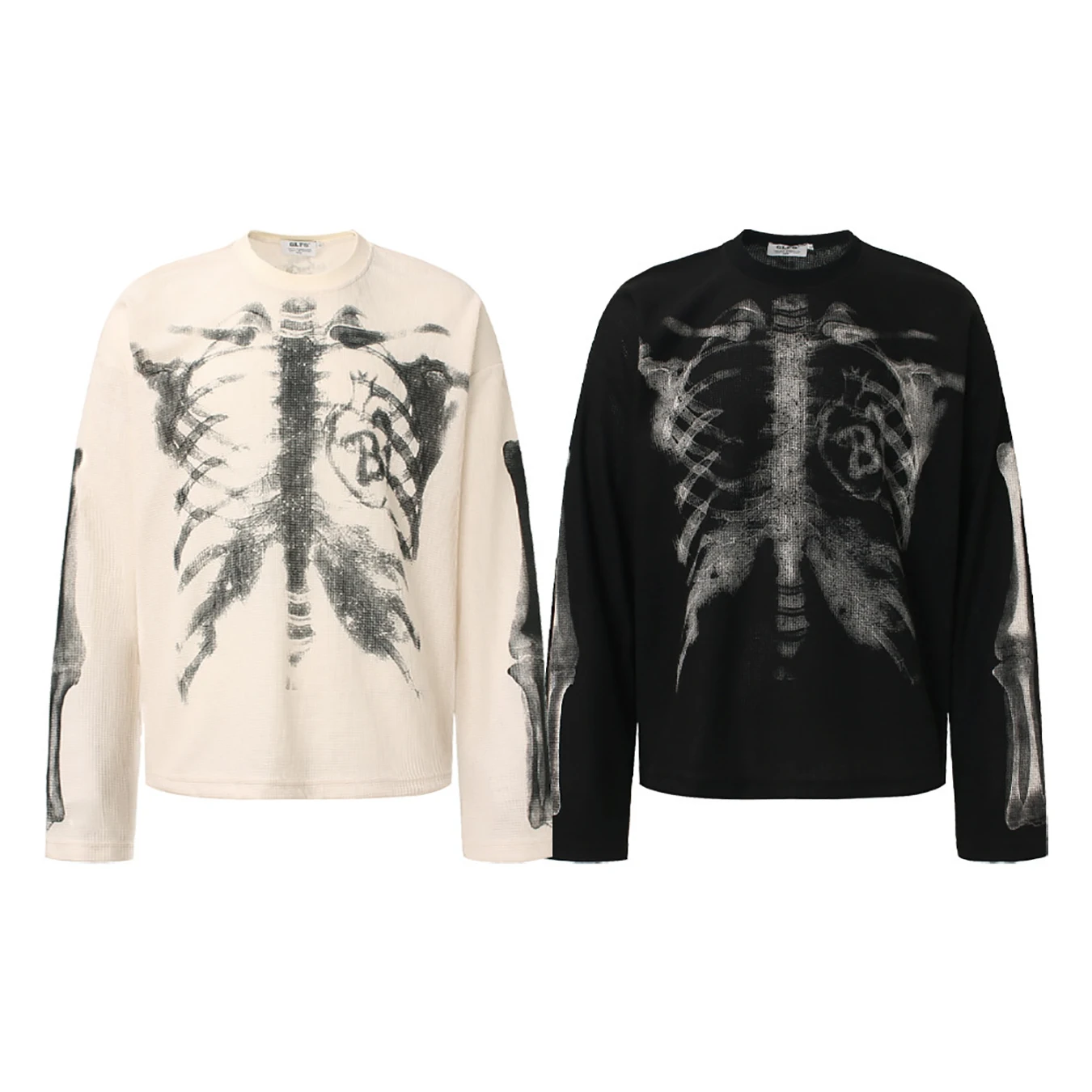 Autumn and Winter Retro Street Trendy Men's and Women's Skeleton Printed Pattern Design Y2K Waffle Long Sleeve T-shirt view 6