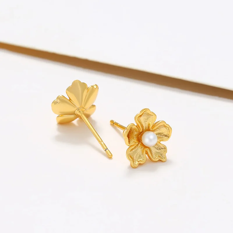 

Luxury 24K 9999 Pure Gold real gold Women's Pearl Flower Earrings French Vintage Stud Earrings