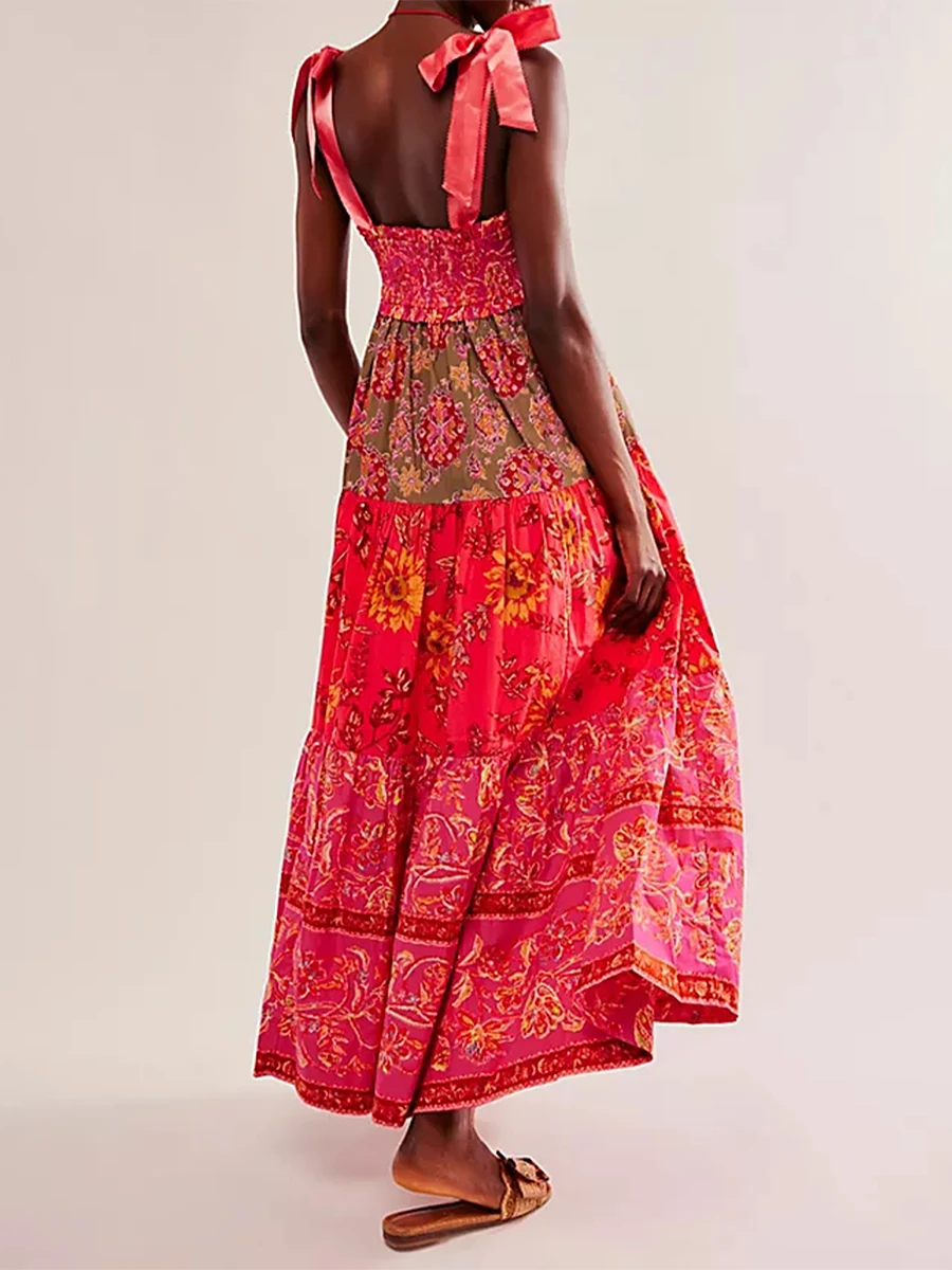 Abito da donna Cami con stampa floreale spalline allacciate abito senza maniche abito lungo abito estivo grande Swing a-line abito elegante allentato