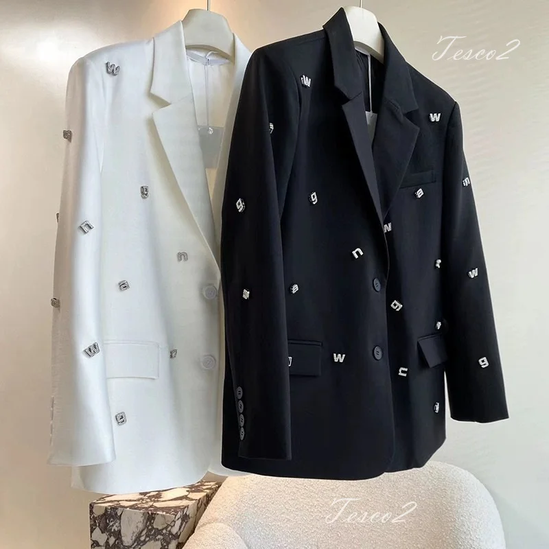 Tesco 2024 Women's Suit Blazer Loose Long Sleeve Jacket With Letter Diamonds Women's Casual Blazer For Wedding Prom Party