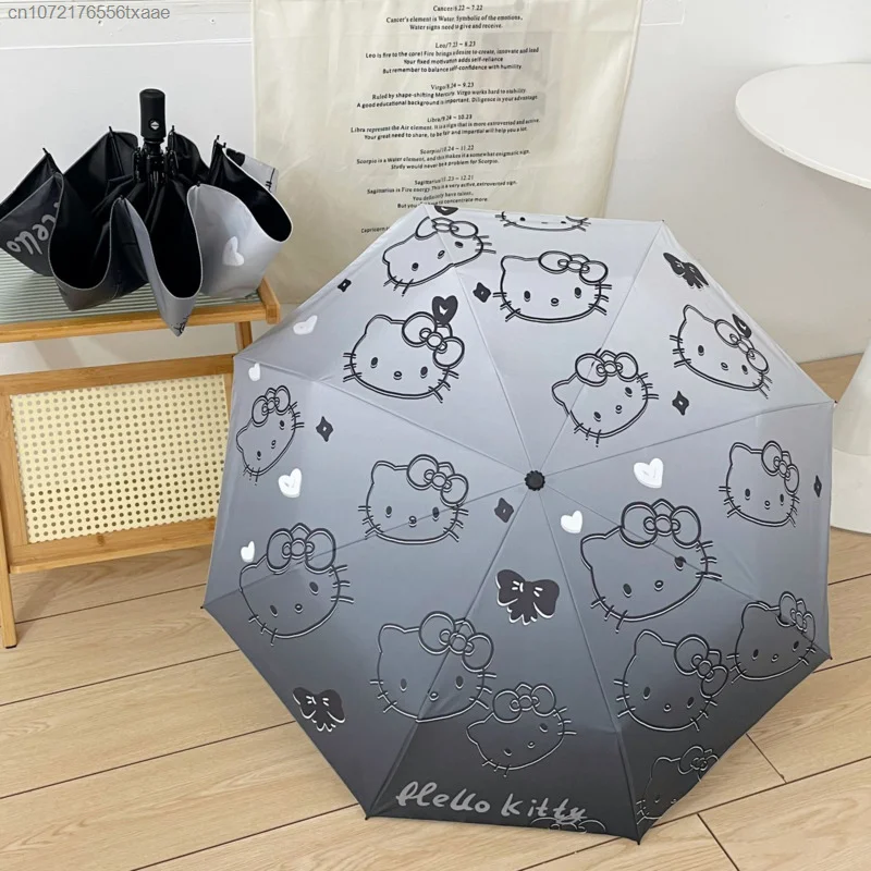 Sanrio Hello Kitty Umbrella Girl All Weather Gradient Color Folding Umbrellas Women Outdoor Accessories Black Coating Umbrella