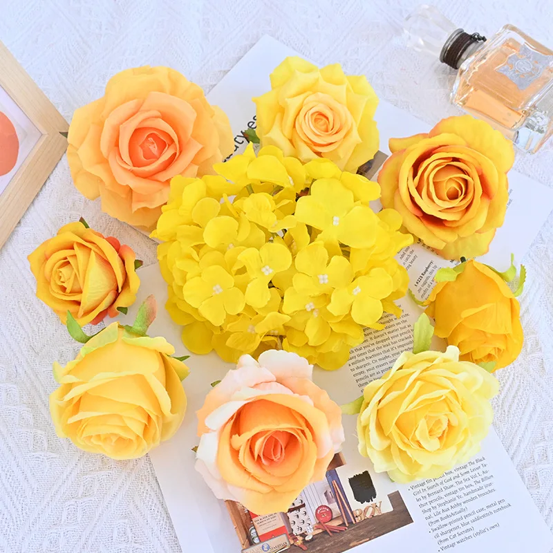 30pcs Rose Head Artificial Flower Yellow Gold Orange Living Room Arch Decoration Wedding Valentine's Day Gift Box Matching