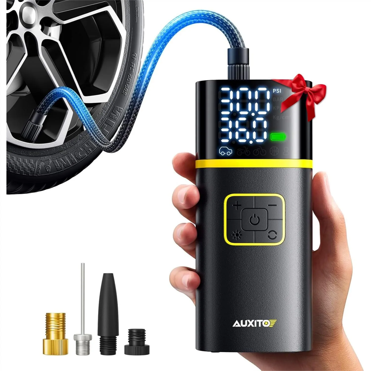 

Tire Inflator Portable Air Compressor 150PSI, 1 Min Fast Inflate Auto Shut Off Dual Screen, 5200mAh LED Light Car Air Pump for