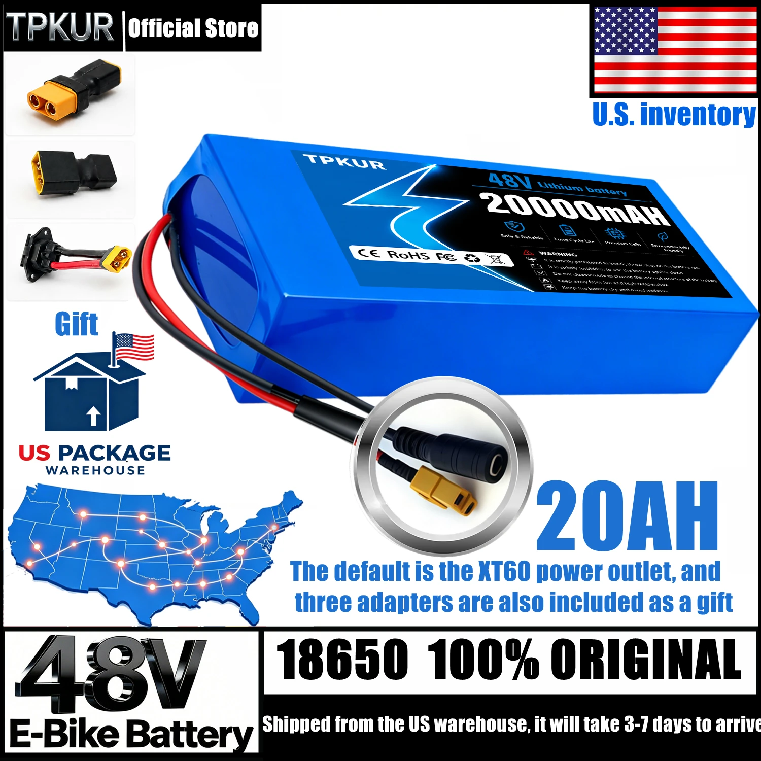 Shipping from the USA 13S5P Battery Pack 48V Battery 20Ah 18650 Lithium Suitable for Scooters, Mountain Bikes, with BMS