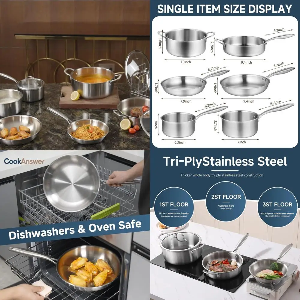 

10-Piece Stainless Steel Cookware Set with Induction Compatibility, Glass Lids, Riveted Handles, Dishwasher Safe for All Cooktop