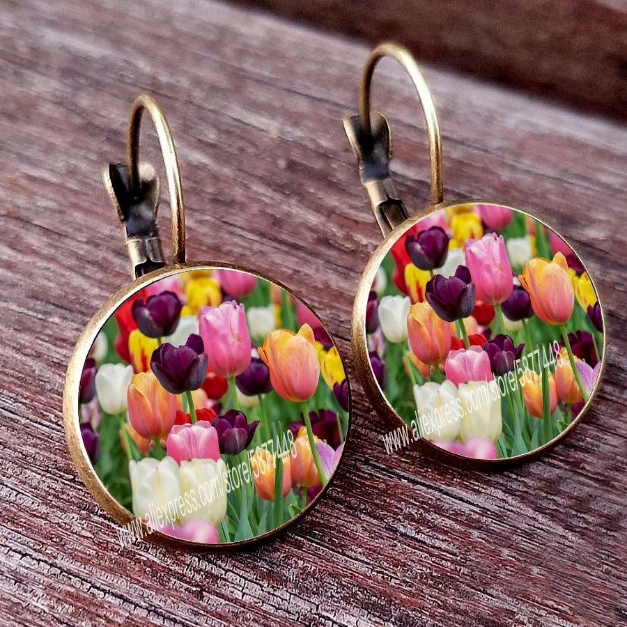 National flower rose carnation peony pomegranate flower cherry cornflower water lily tulip iris ladies glass cabochon earrings