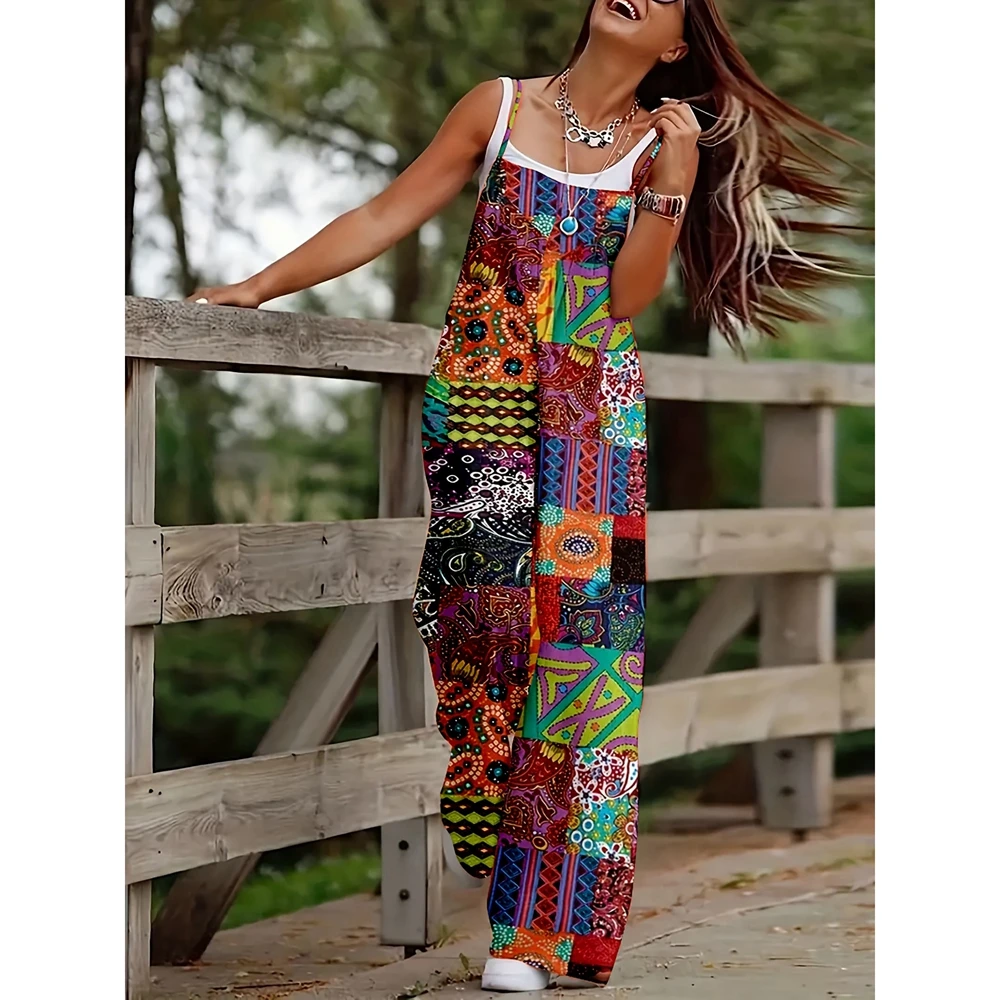 Combhasaki Dames Boheemse Dunne Spaghettibandjes Jumpsuits Retro Etnische Print Mouwloos Zomer Wijde Pijpen Losse Rompertjes Overalls