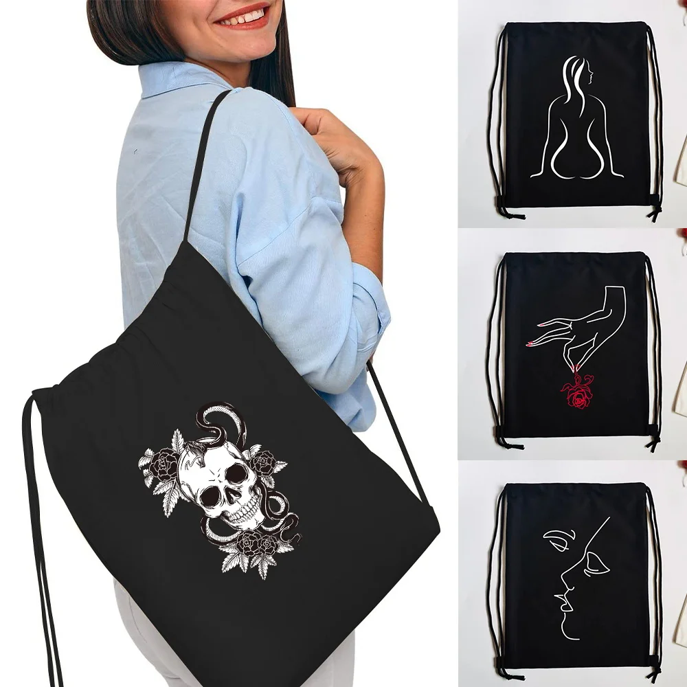 Black Canvas Drawstring Backpack With White Picture Print Simple Sport Gym Bag for Casual Travel Shopping Daily Use