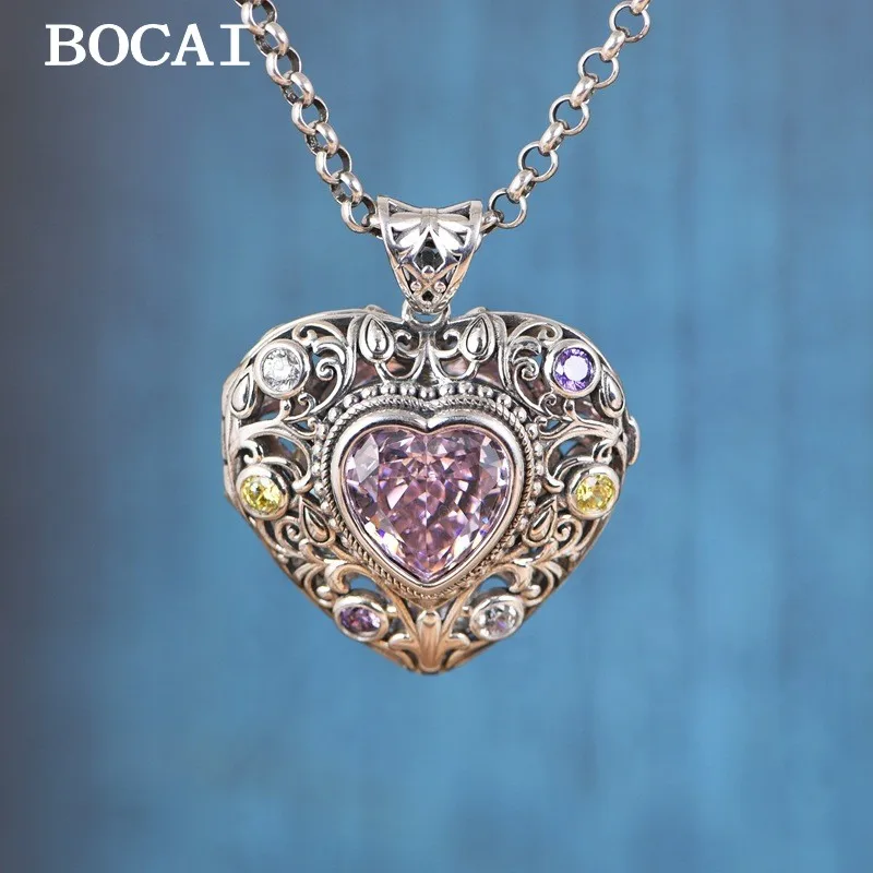 

BOCAI NEW S925 Silver Retro Tang Grass Hollow Openable Set with Zircon Heart shaped Fragrance Bag Pendant Female