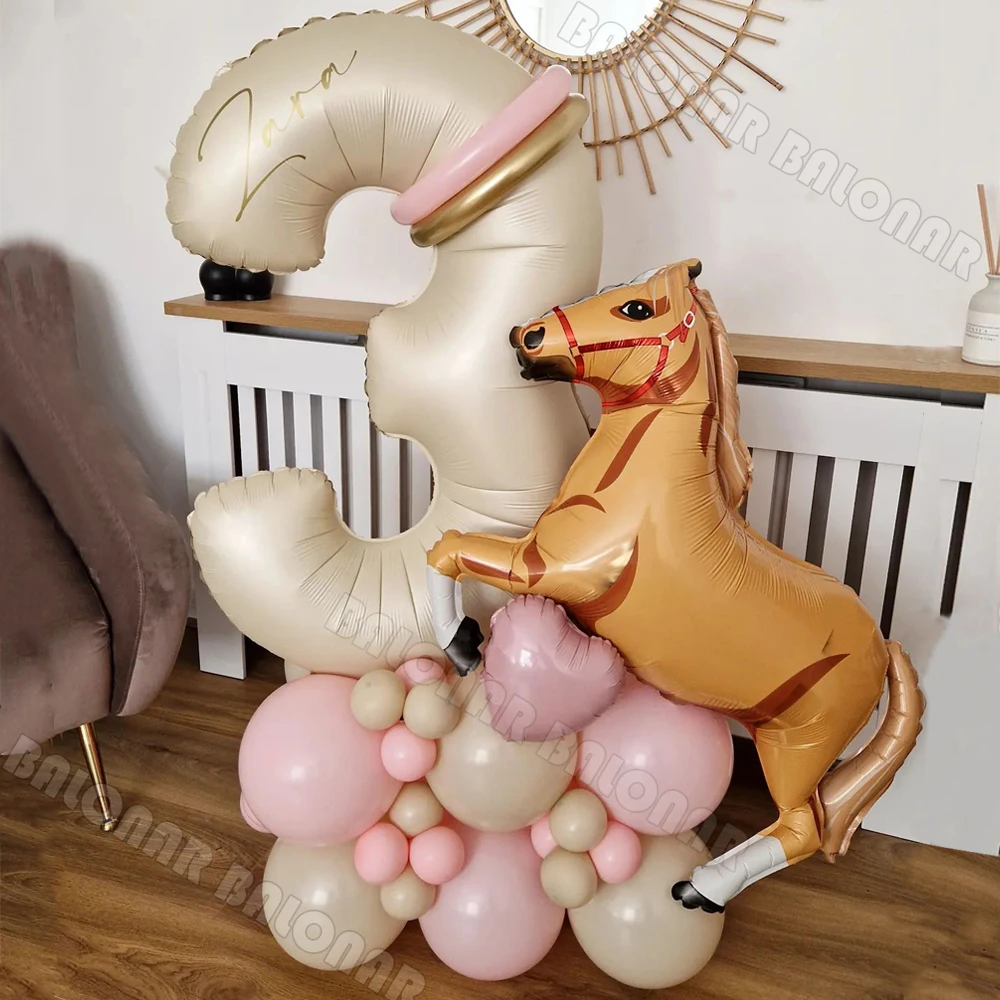 32Pcs Large Racing Horse Themed Balloon Set with 30inch 0-9 Cream Number Balloon for Kids Birthday Western Cowboy Party Supplies