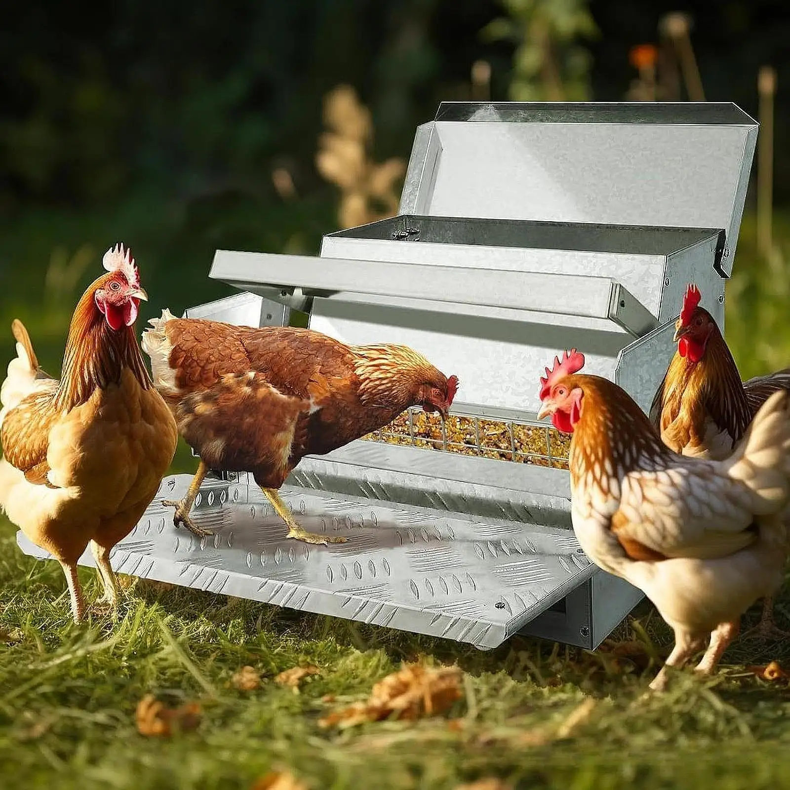 Automatic Chicken Feeder Chicken Coop Feeder for 6-12 Chickens 7 Day Metal Trough Feeder with Lid for Fowl Turkey