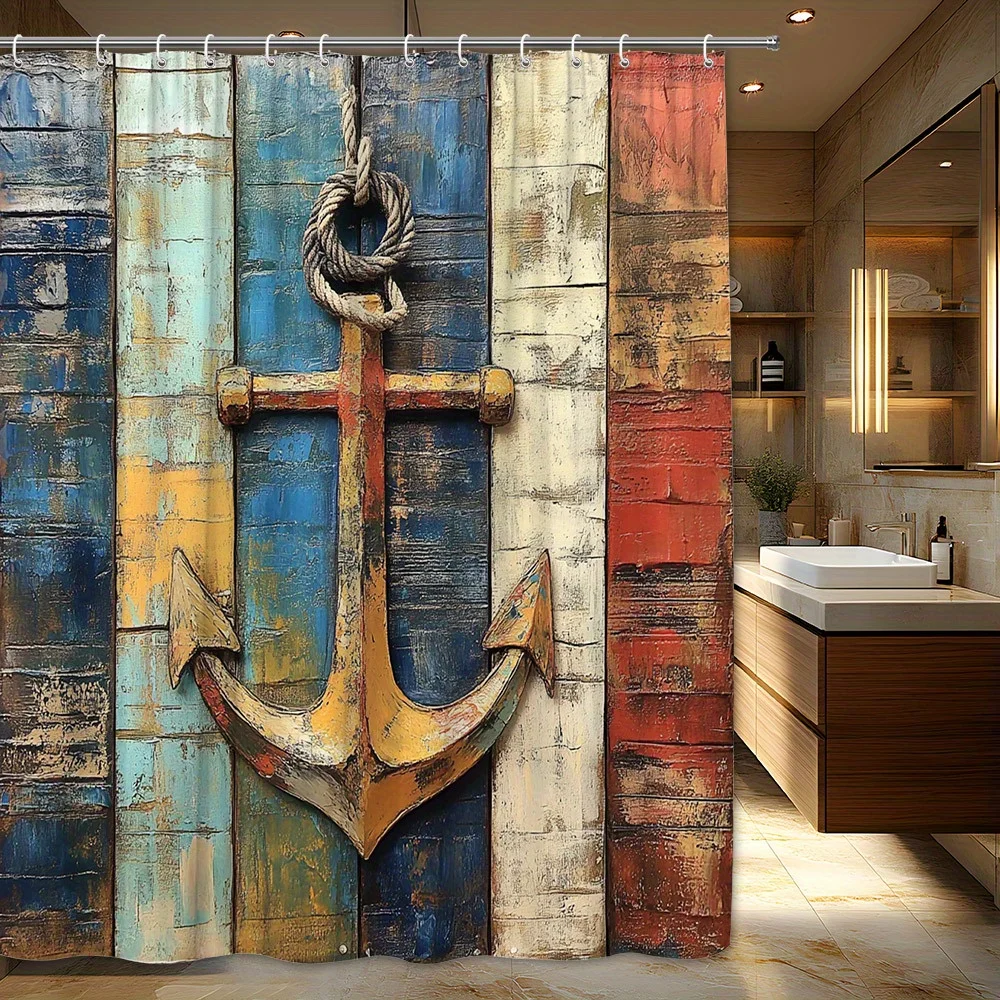 

1 шт., занавеска для душа с морским якорем в деревенском стиле - винтажный морской декор со спиральной веревкой, большая занавеска из полиэфирной ткани для ванной комнаты,