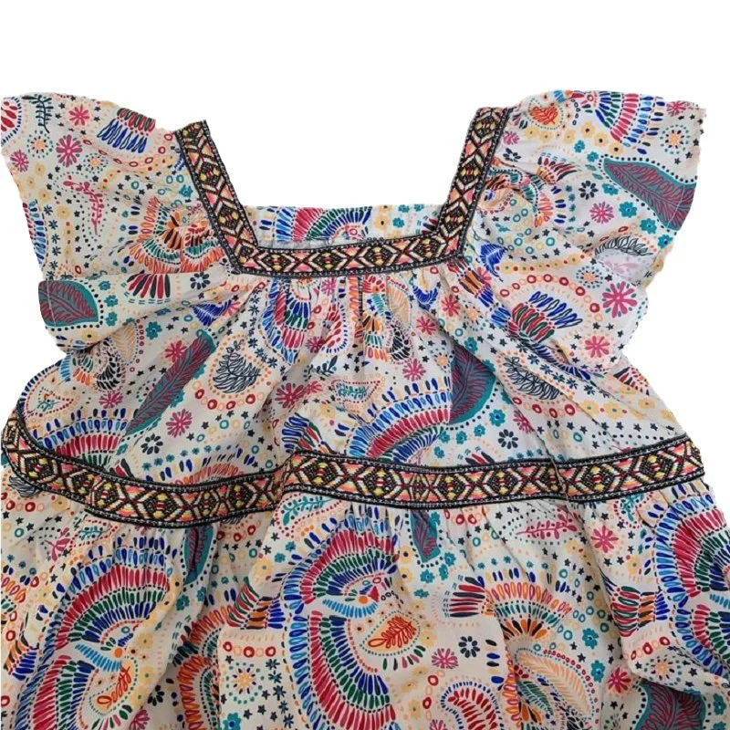 2023 Summer New Girls\' Dress Ethnic Abstract Painting Dress Children Clothing Baby Girl Princess Dress Holiday Beach Dress