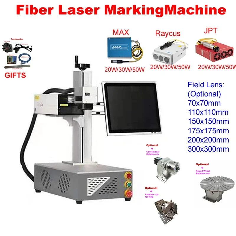 

50W Raycus Fiber Laser Marking Machine Cutting Steel Laser Machine With Rotary Axis For Metal Gold Silver Jewelry Engraving