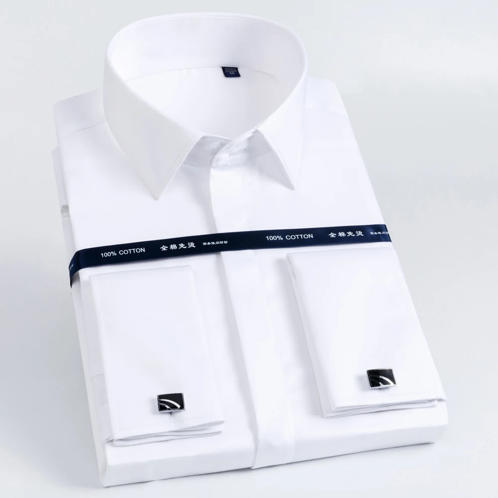 

Мужская однотонная классическая рубашка с французскими манжетами и закрытой планкой, не гладильный воротник с длинным рукавом, деловая вечеринка, свадебные хлопковые рубашки