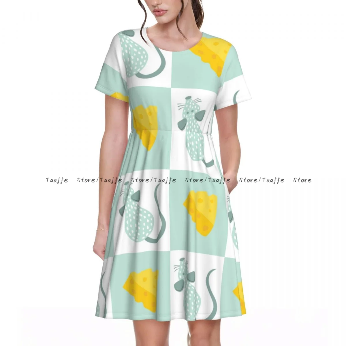 

Women Dress Mouse And Cheese Summer Elegant O Neck Short Sleeve Female Casual Loose Long Dress