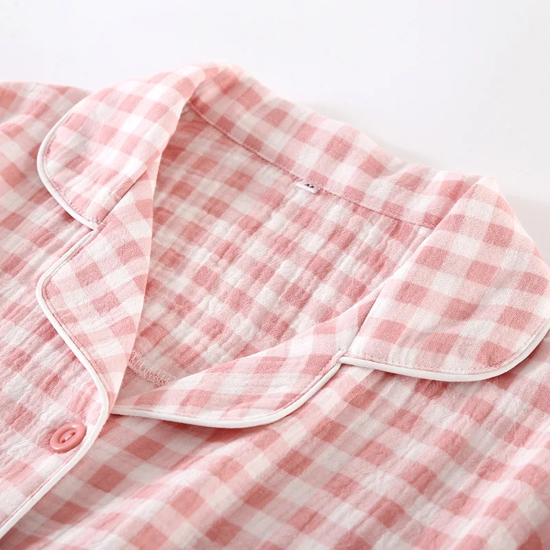 Women Summer Three Piece Pajamas Set Japanese Plaid Pure Cotton Double Layer Yarn Home Clothes New Ladies Sleepwear Suit