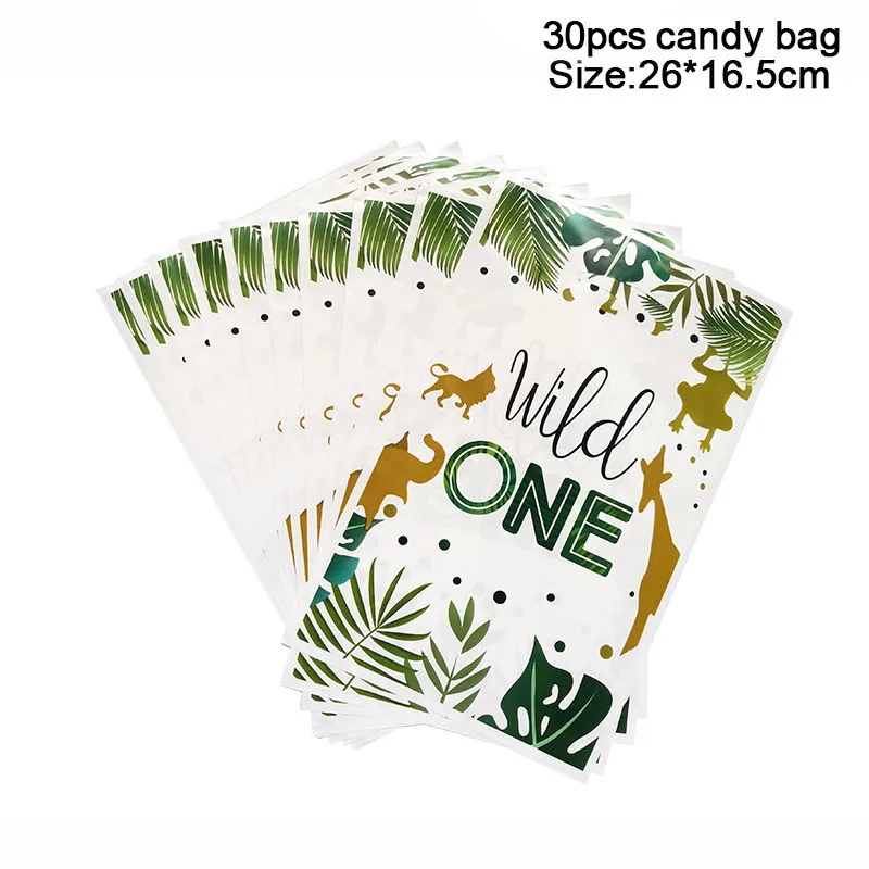 30pcs Wild One Palm Leaves Animal Candy Gift Bag Jungle Safari Birthday Party Packaging Bags Kids Baby Shower Decoration Favors