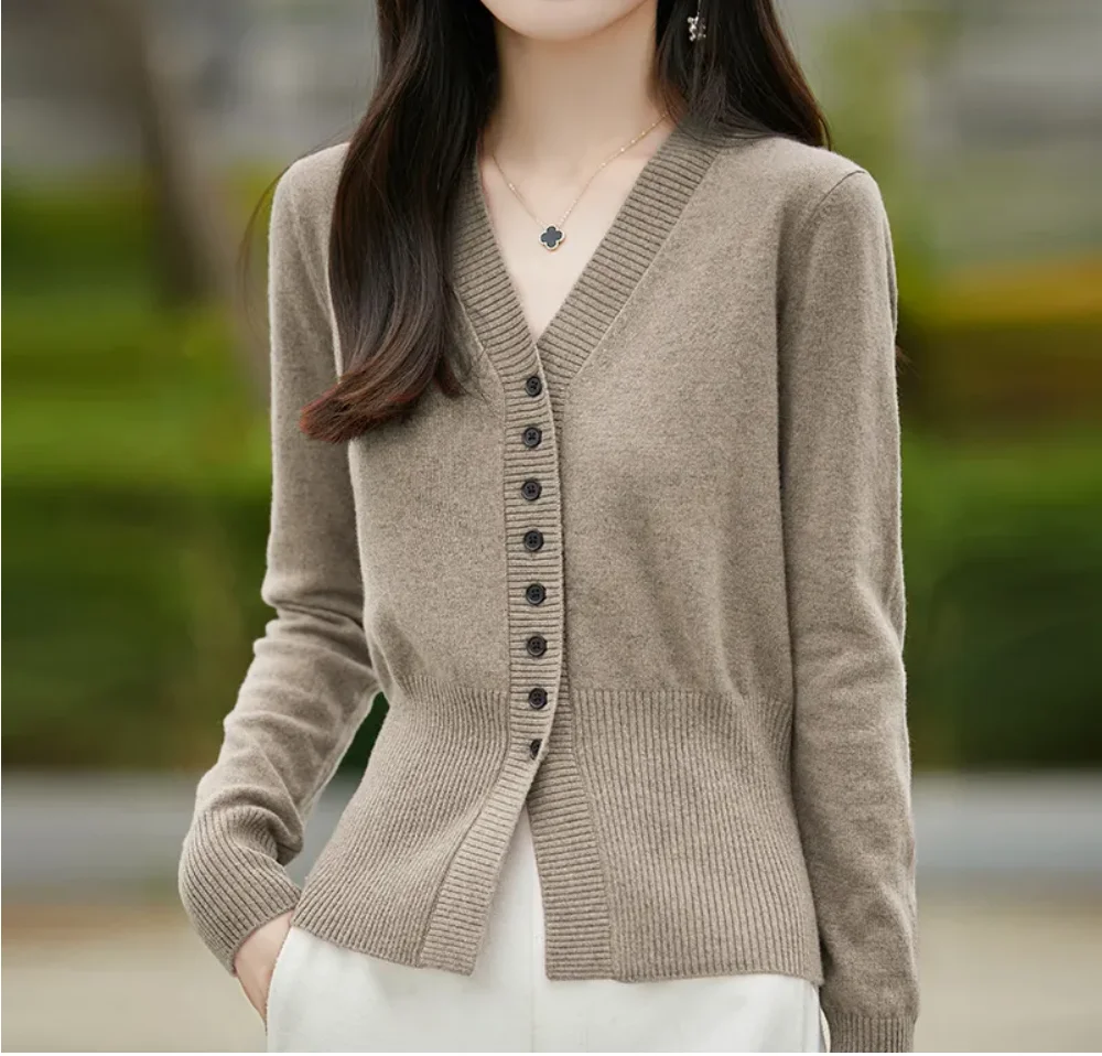 

Simple Versatile V-Neck Open Cardigan Women's Thin Knitted Loose Long Sleeve Pure Color Spring Autumn New Style Knitwear